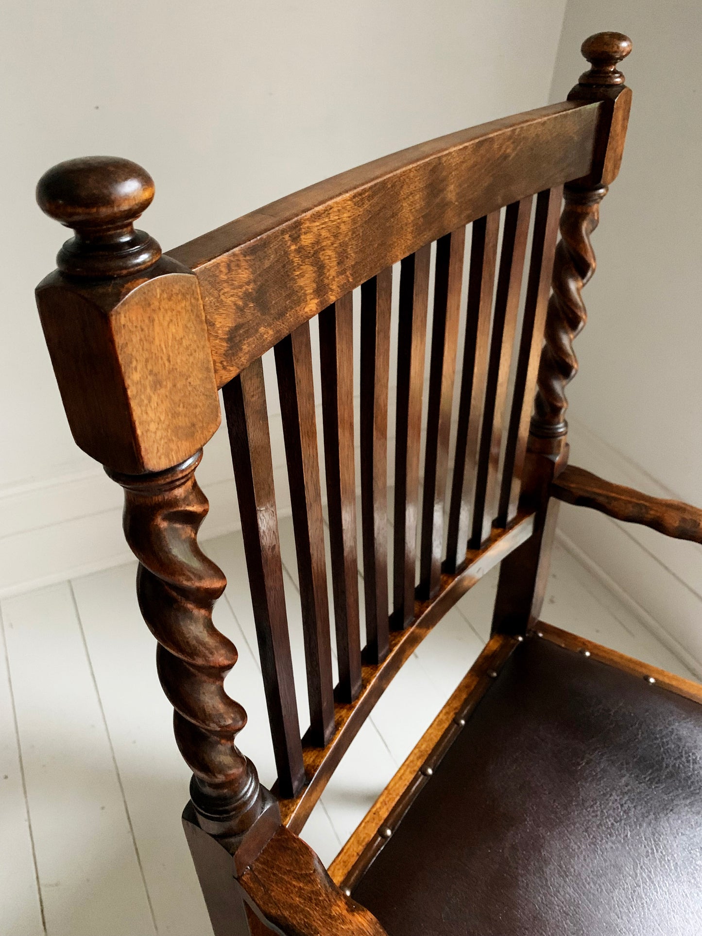 Antique 19th Century Arts & Craft Barley Twist, With Leather Seat, Carver Chair