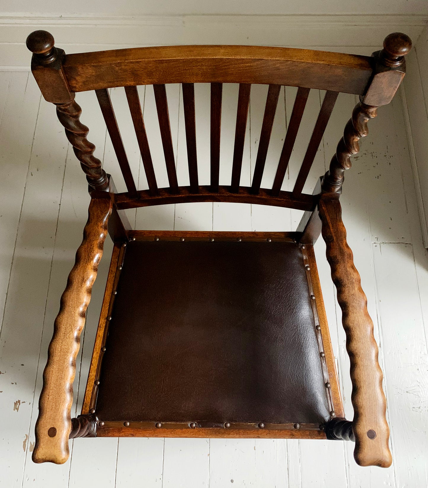 Antique 19th Century Arts & Craft Barley Twist, With Leather Seat, Carver Chair