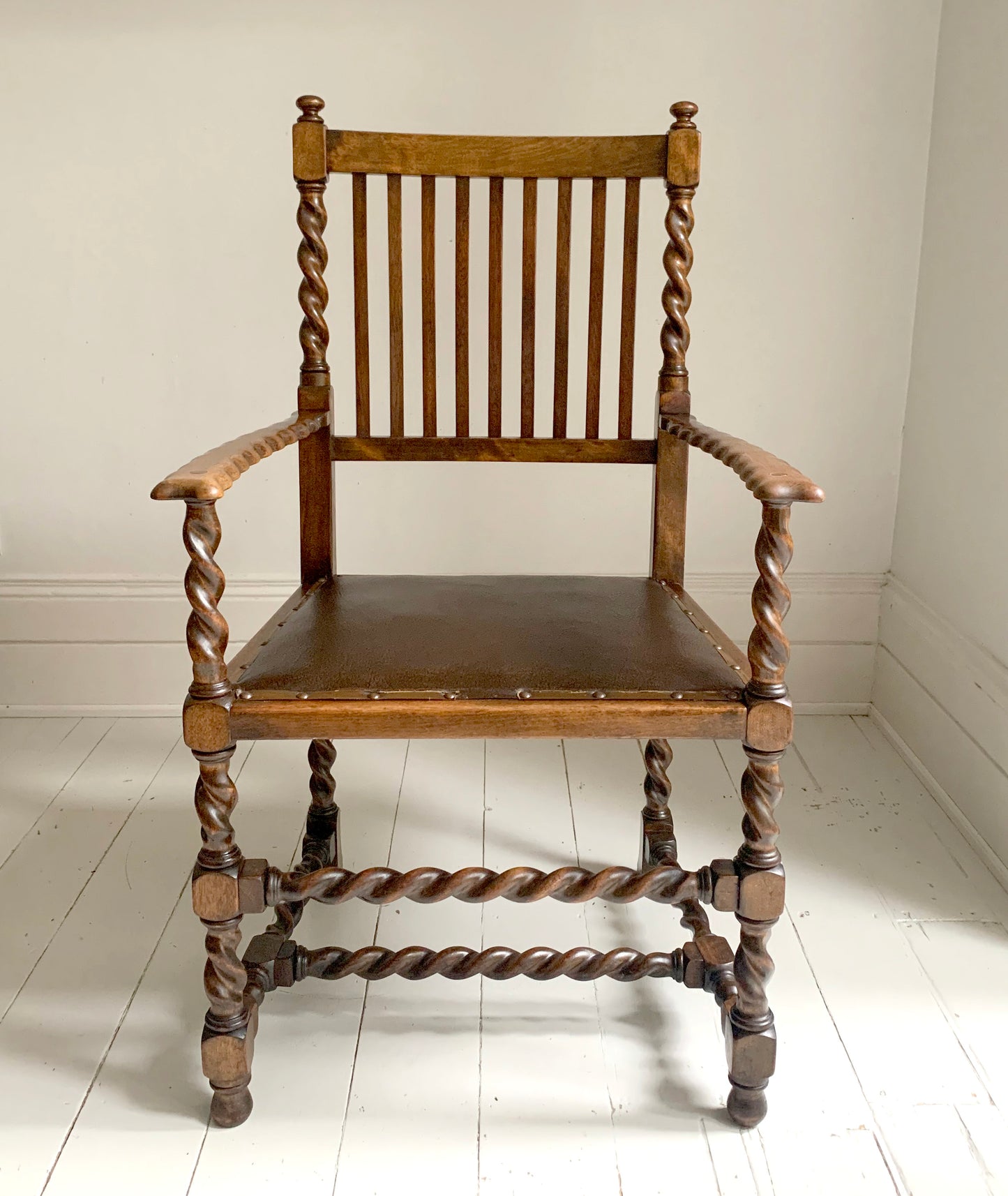 Antique 19th Century Arts & Craft Barley Twist, With Leather Seat, Carver Chair