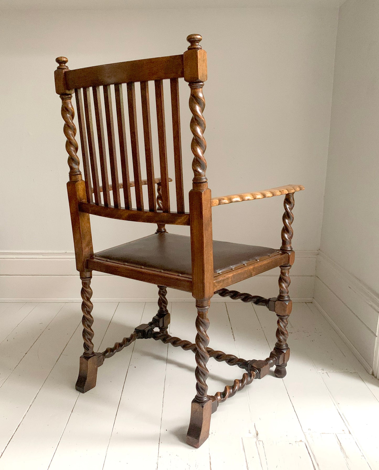 Antique 19th Century Arts & Craft Barley Twist, With Leather Seat, Carver Chair