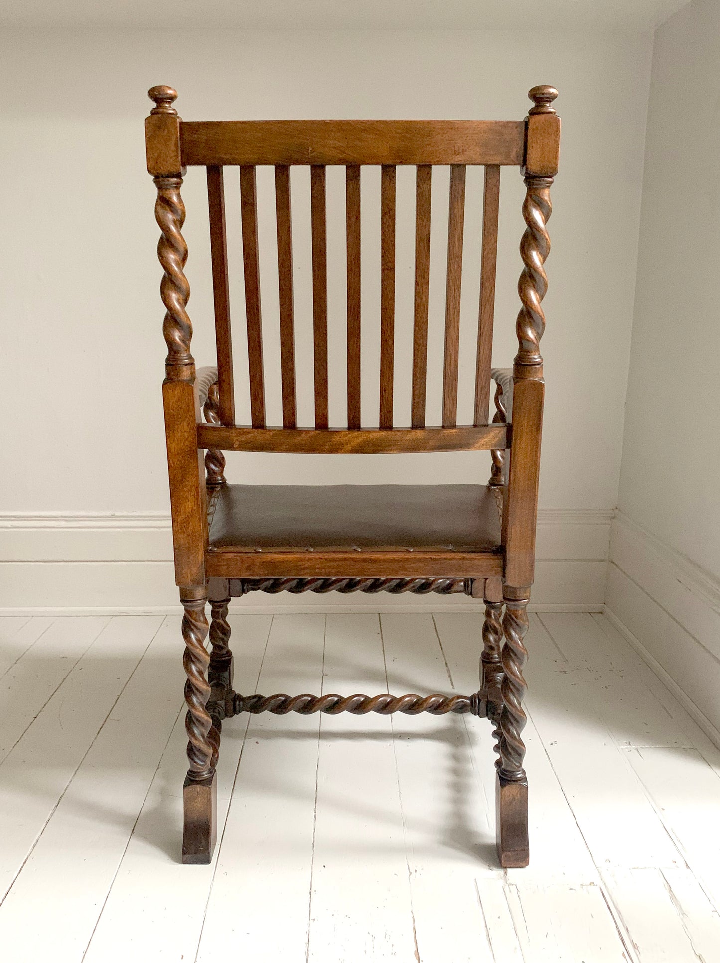 Antique 19th Century Arts & Craft Barley Twist, With Leather Seat, Carver Chair