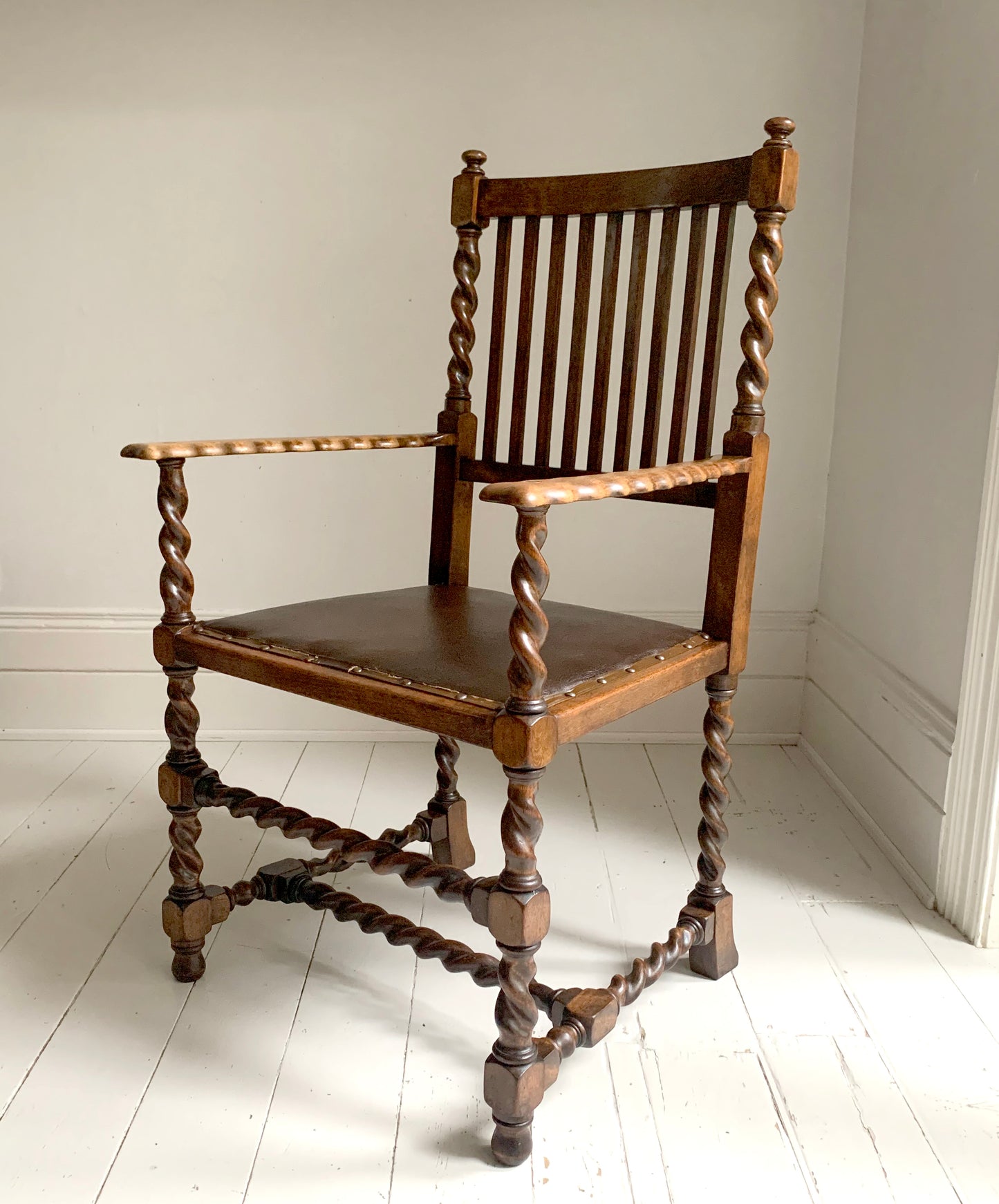 Antique 19th Century Arts & Craft Barley Twist, With Leather Seat, Carver Chair