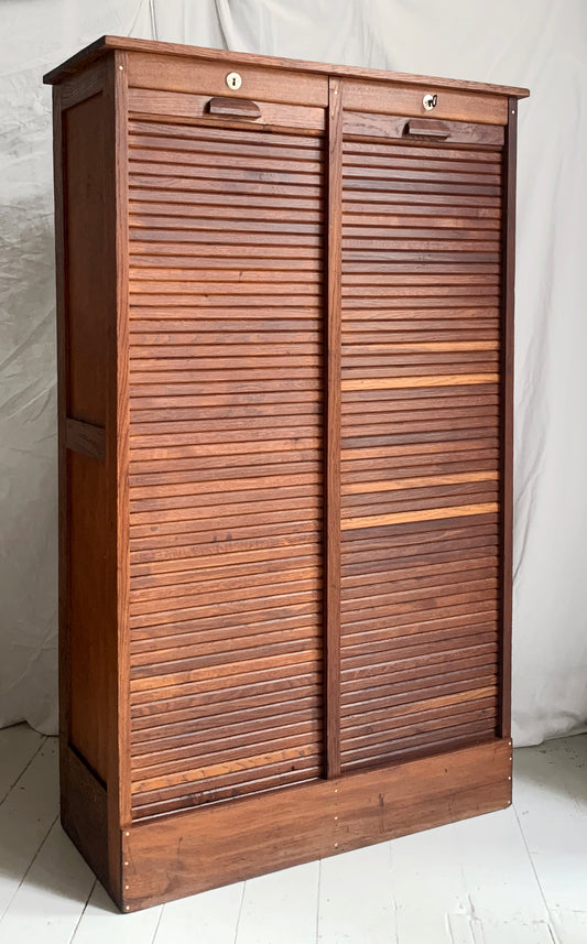 Antique French Double Tambour Oak Office Cabinet / 150cm Tall