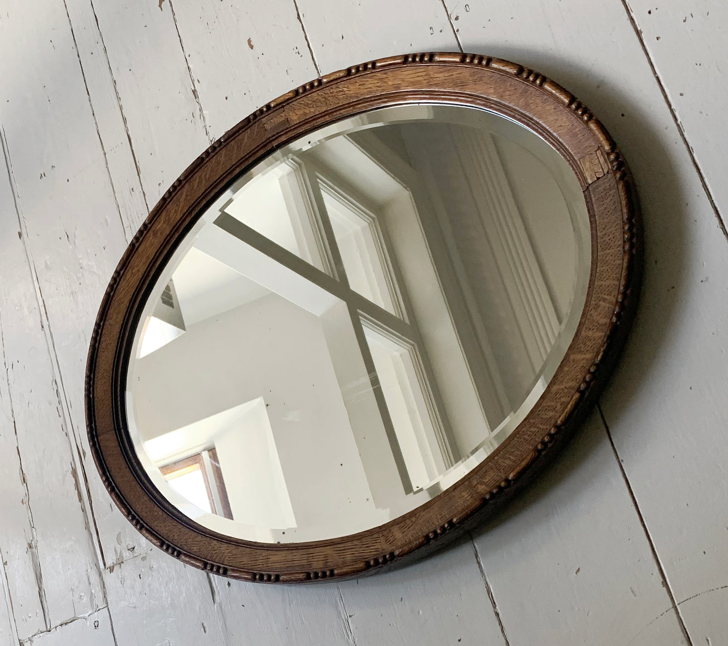 Small Antique Oval Mirror with Oak Frame, Bevelled Glass with Gentle Foxing