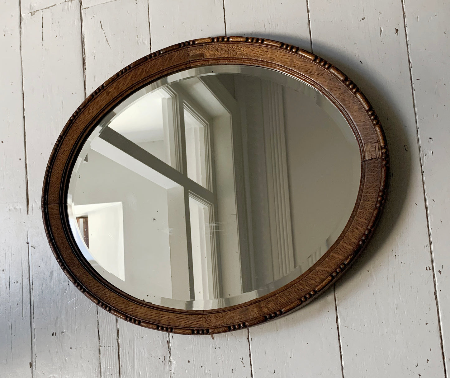 Small Antique Oval Mirror with Oak Frame, Bevelled Glass with Gentle Foxing