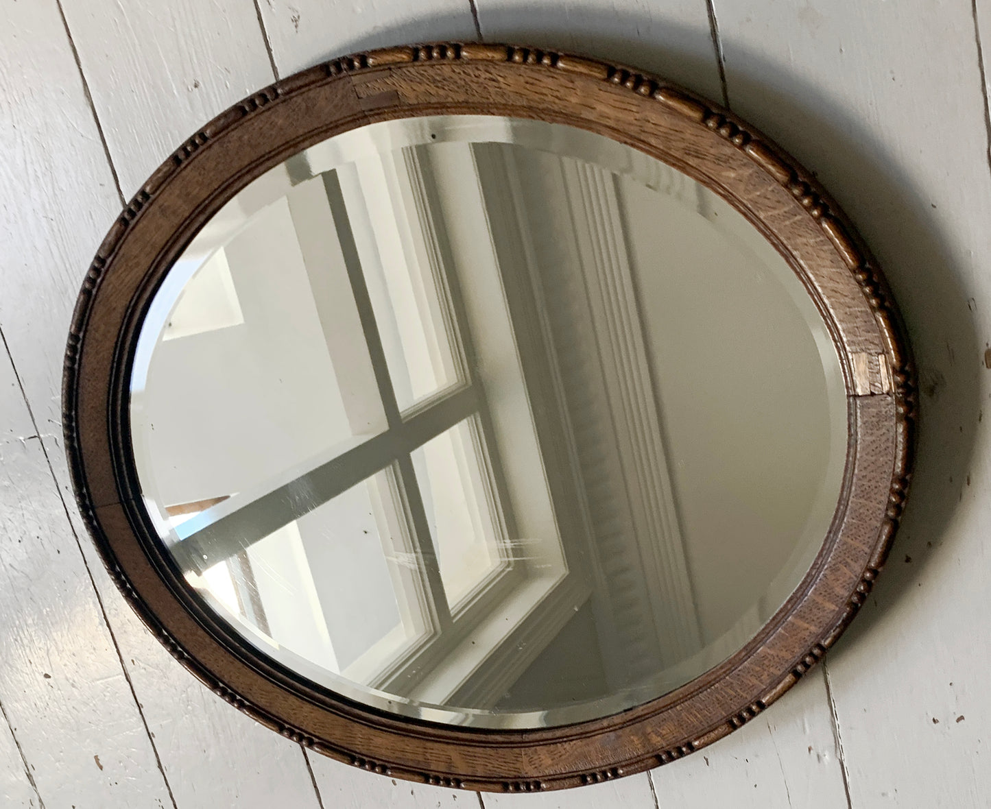 Small Antique Oval Mirror with Oak Frame, Bevelled Glass with Gentle Foxing