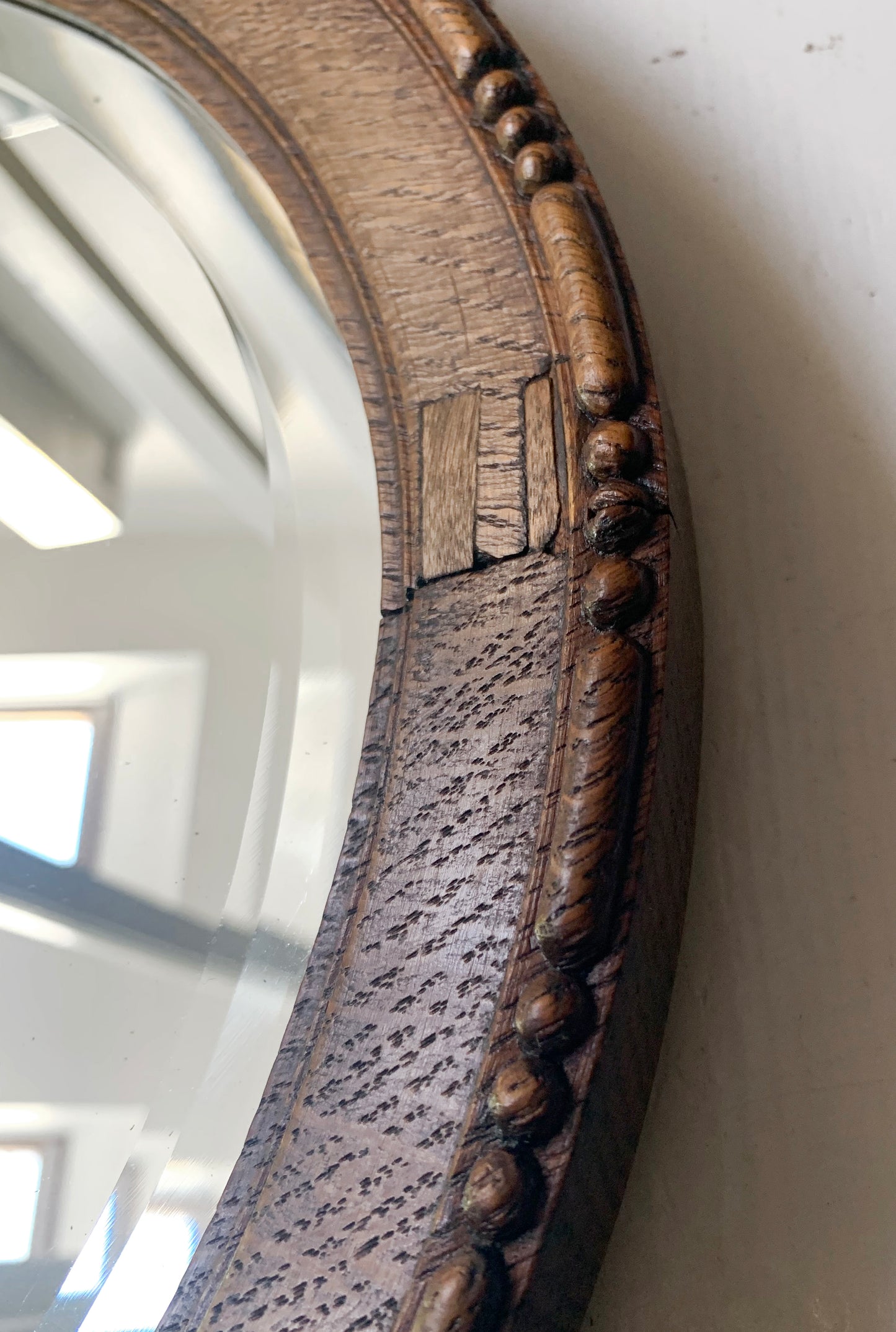 Small Antique Oval Mirror with Oak Frame, Bevelled Glass with Gentle Foxing