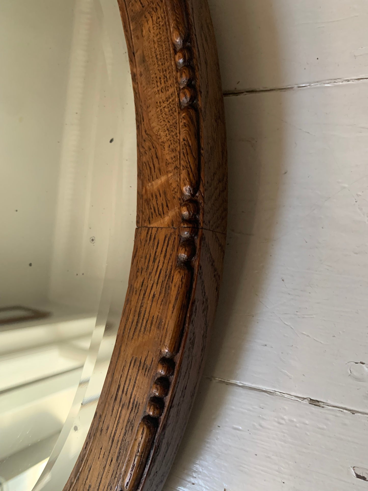 Small Antique Oval Mirror with Oak Frame, Bevelled Glass with Gentle Foxing