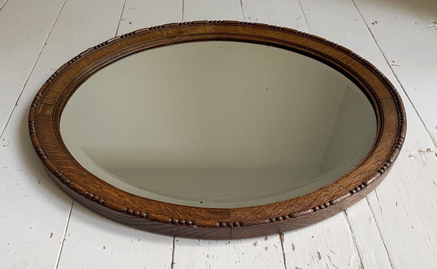 Small Antique Oval Mirror with Oak Frame, Bevelled Glass with Gentle Foxing
