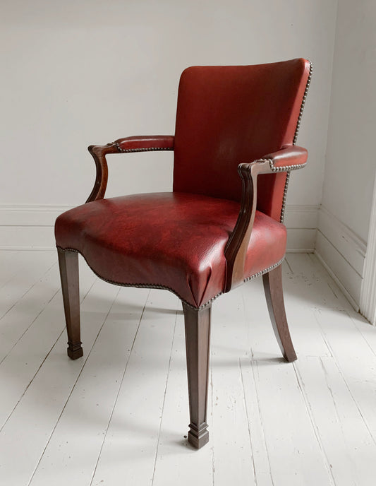 Antique Victorian Mahogany & Red Leather Fireside, Library Chair / 1 of 2