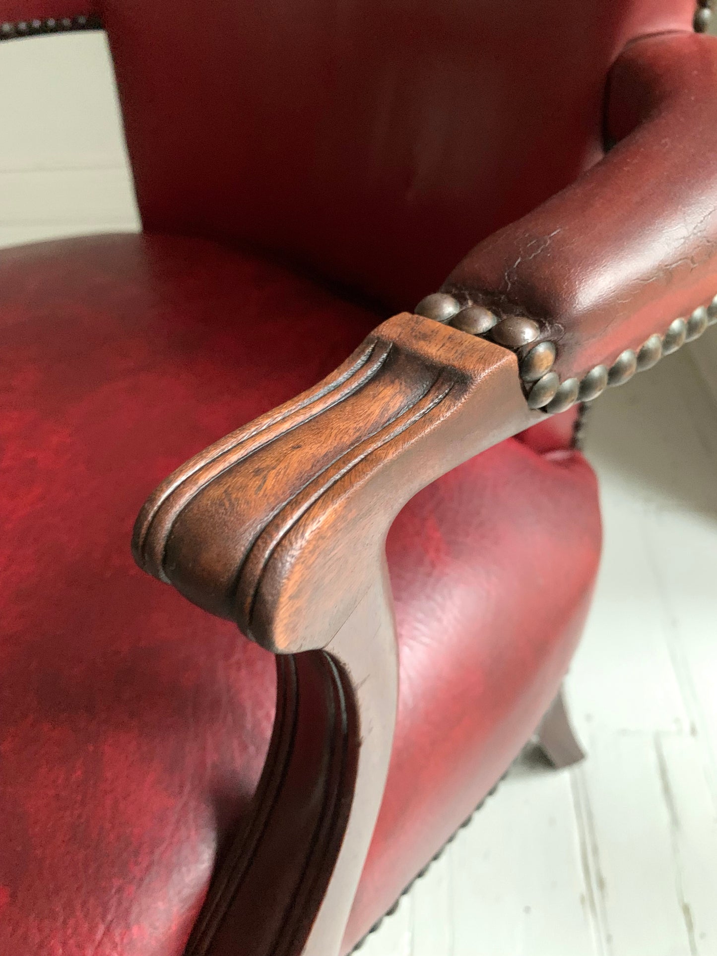 Antique Victorian Mahogany & Red Leather Fireside, Library Chair / 1 of 2