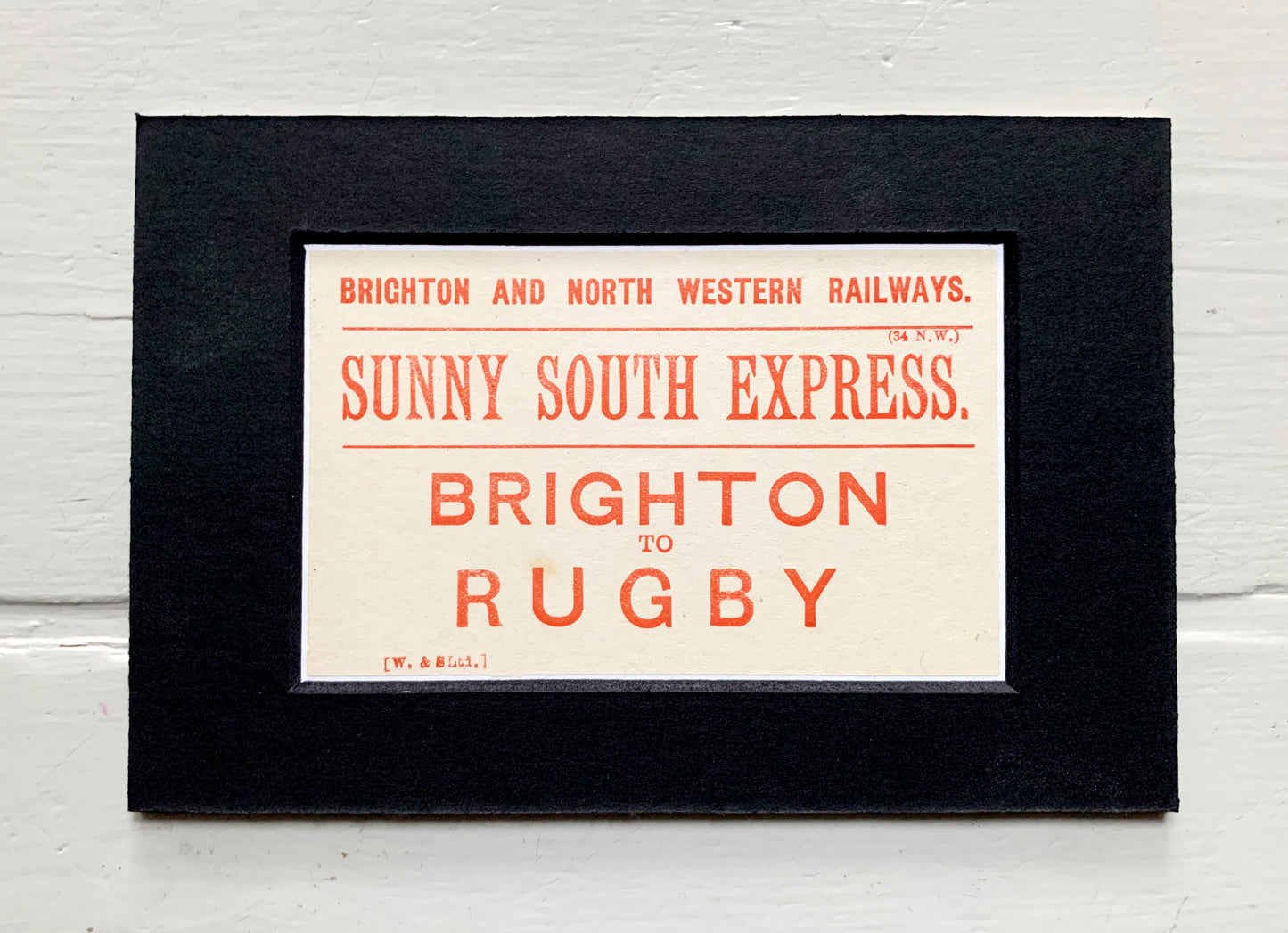 Vintage 'Brighton, Rugby' Paper Luggage Label, Mounted & Matted, 6x4in, 15x10cm