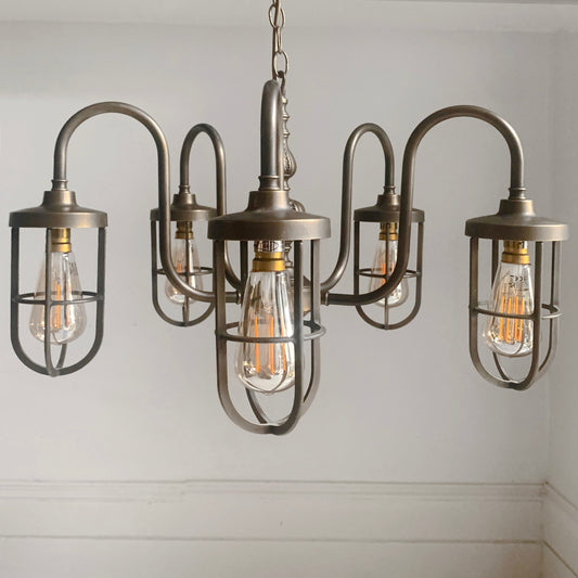 Five Arm Chandelier, With Bulk Head Style Lights, Industrial Pendant Steam Punk Lighting