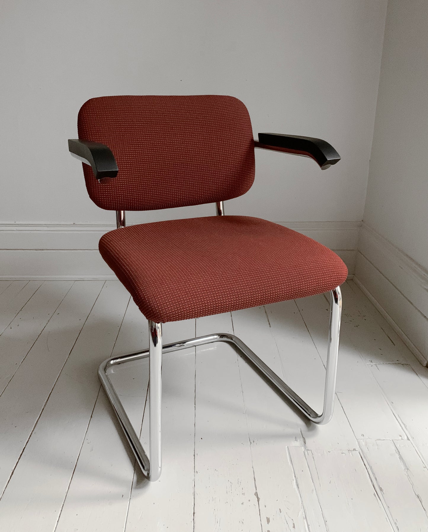 1 x Cesca Chair Finished in Chrome & Terracotta Fabric Designed Marcel Breuer