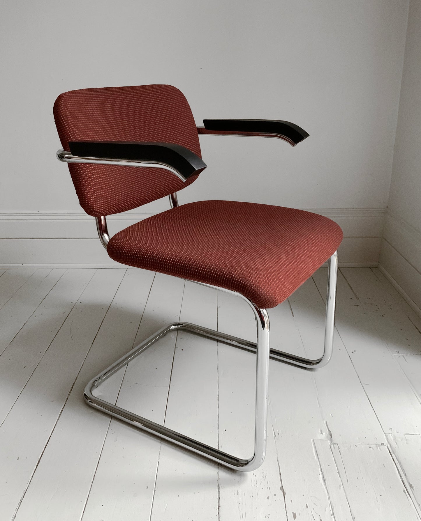 1 x Cesca Chair Finished in Chrome & Terracotta Fabric Designed Marcel Breuer