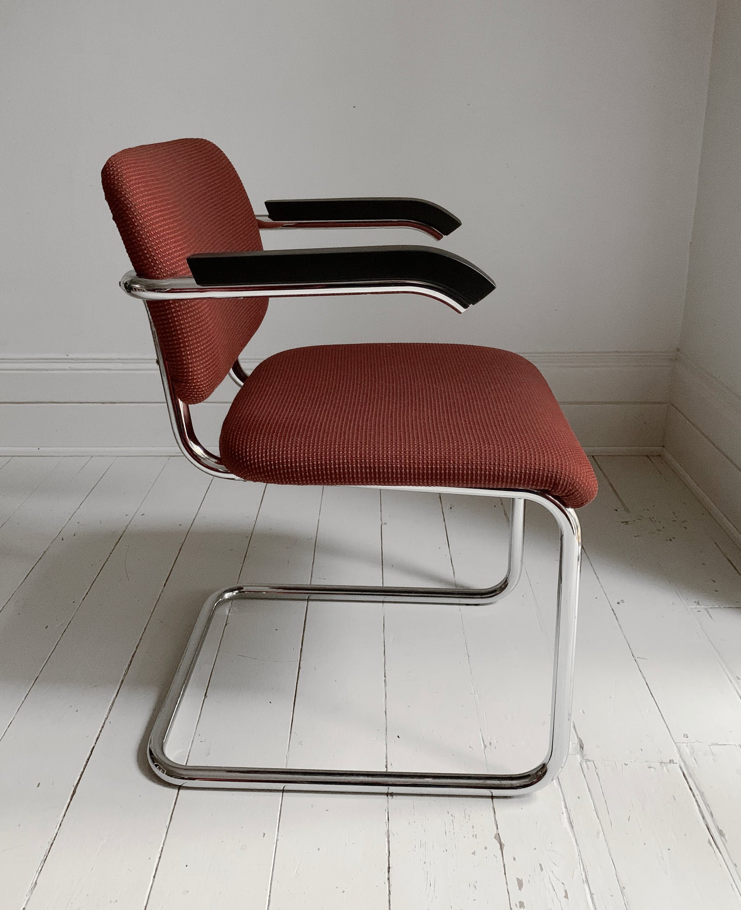 1 x Cesca Chair Finished in Chrome & Terracotta Fabric Designed Marcel Breuer