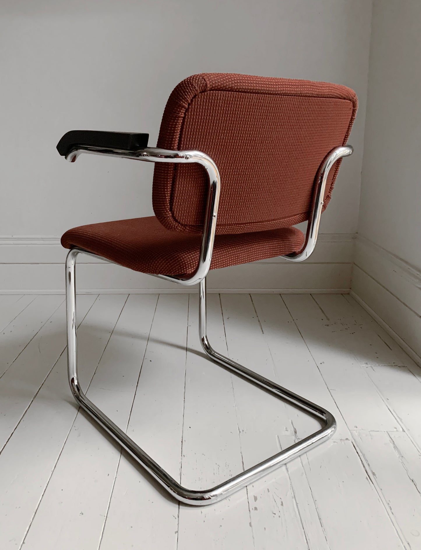 1 x Cesca Chair Finished in Chrome & Terracotta Fabric Designed Marcel Breuer