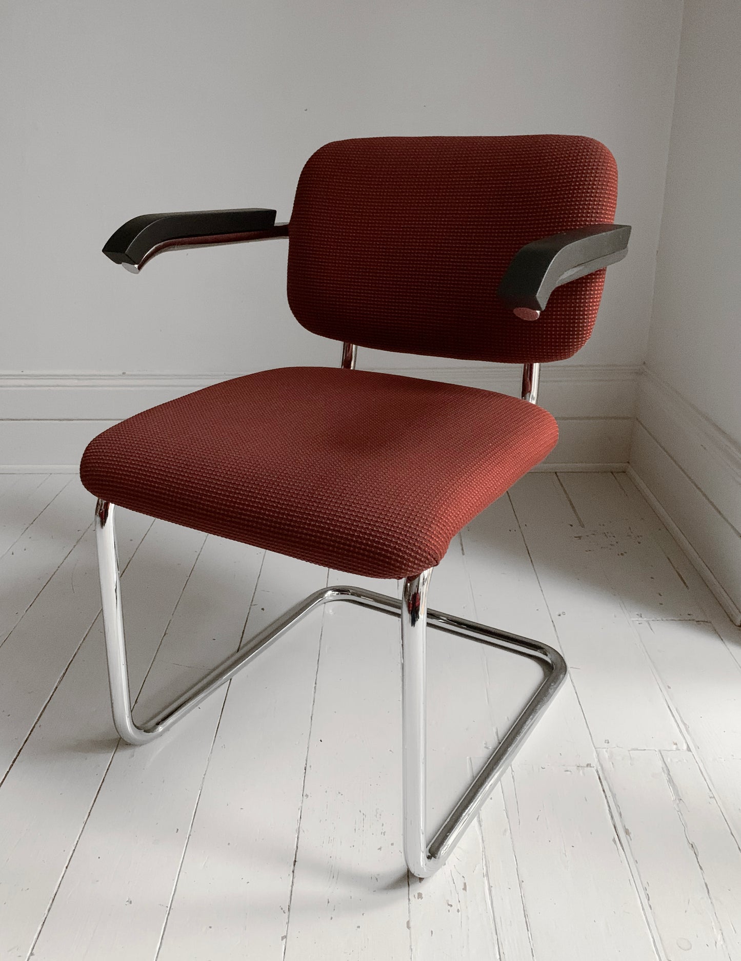 1 x Cesca Chair Finished in Chrome & Terracotta Fabric Designed Marcel Breuer