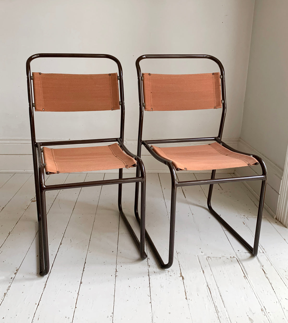 2 x 'Cox' Vintage Stacking Chairs - Canvas Seats, Black Tubular Metal Frame 1of2