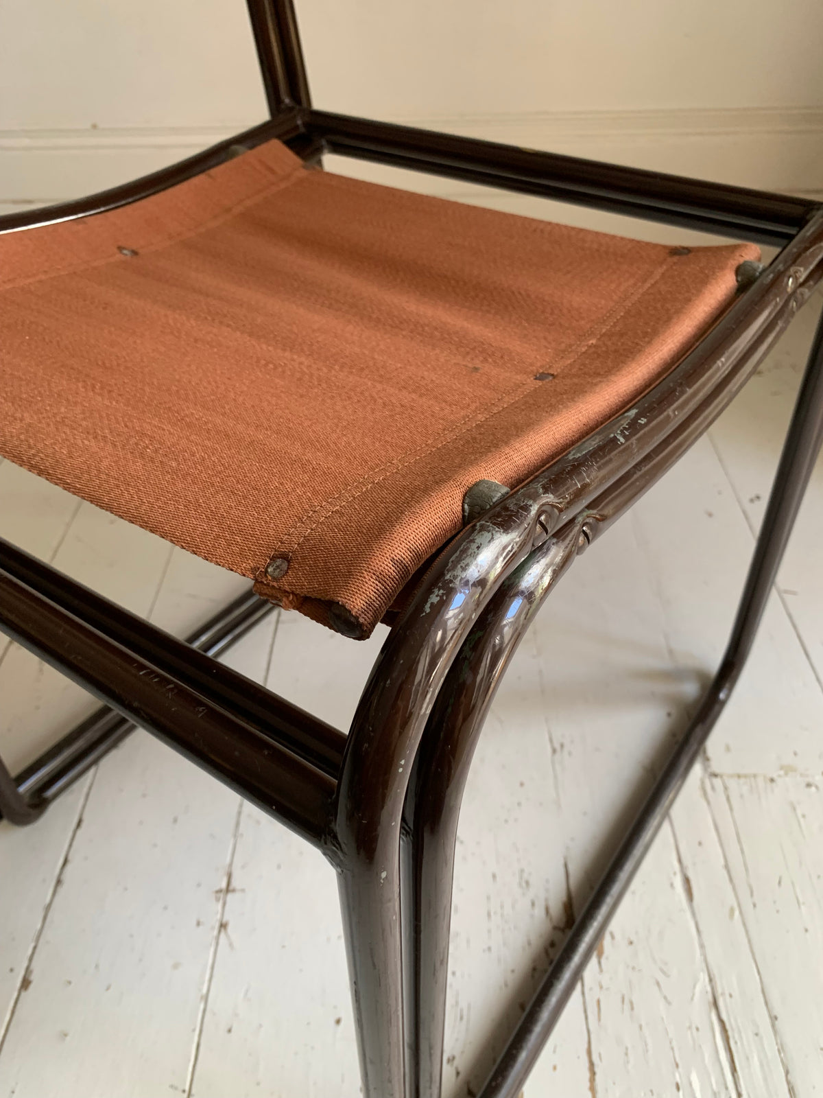 2 x 'Cox' Vintage Stacking Chairs - Canvas Seats, Black Tubular Metal Frame 1of2