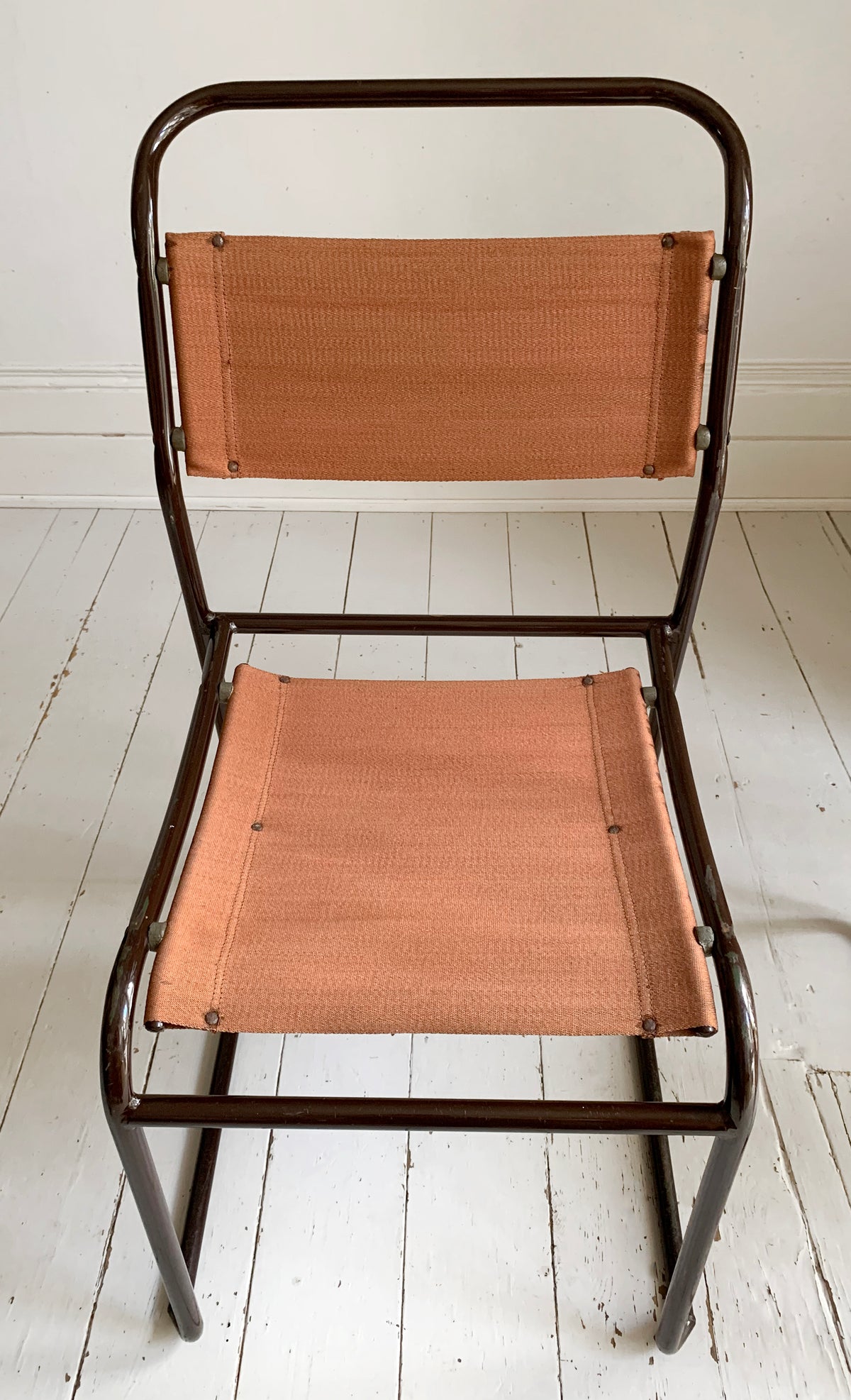 2 x 'Cox' Vintage Stacking Chairs - Canvas Seats, Black Tubular Metal Frame 1of2