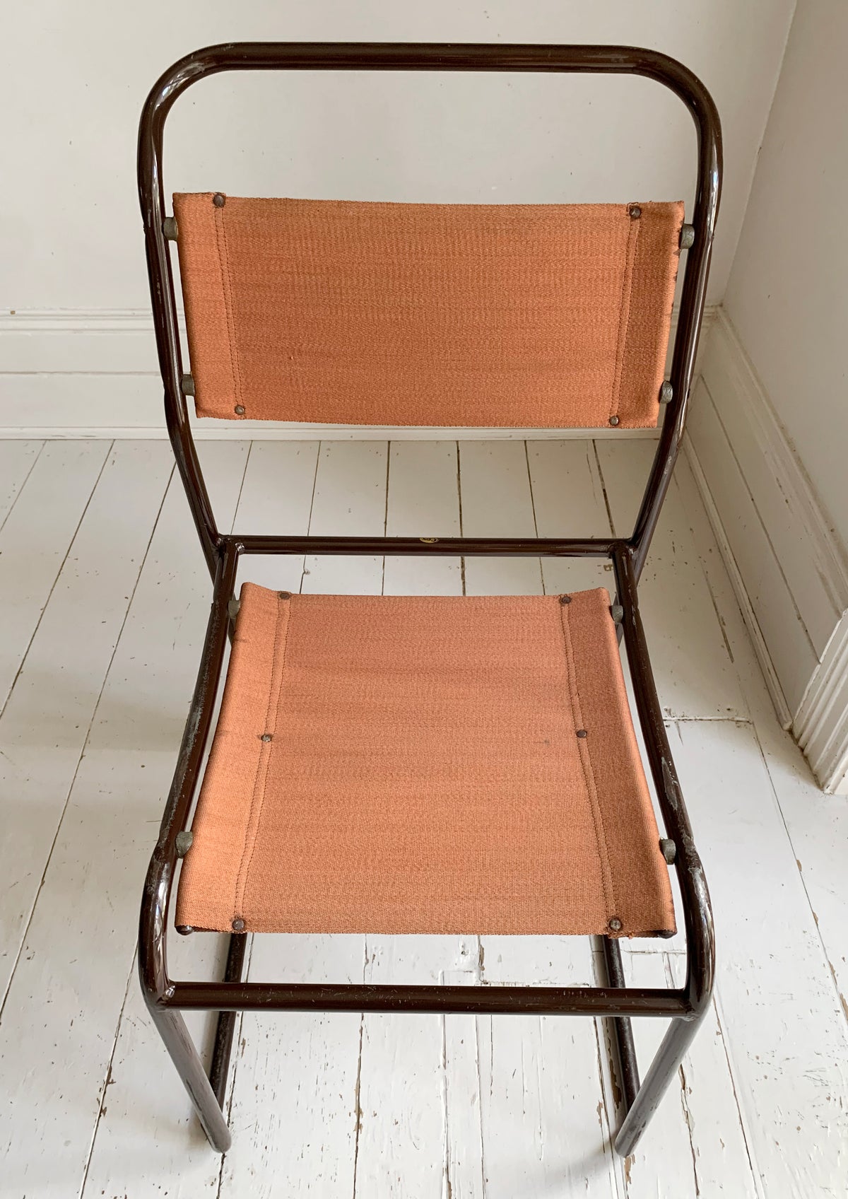 2 x 'Cox' Vintage Stacking Chairs - Canvas Seats, Black Tubular Metal Frame 1of2
