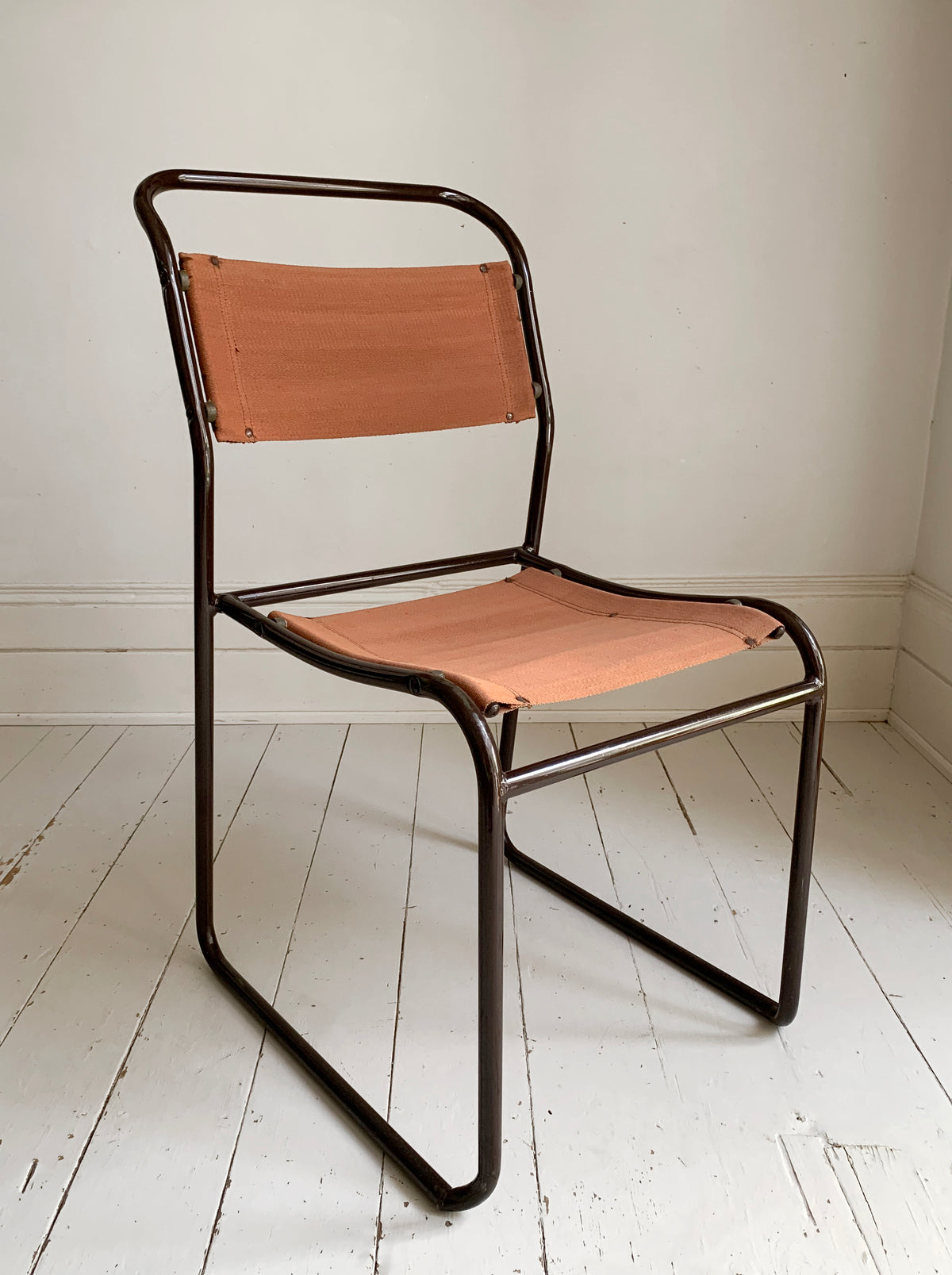 2 x 'Cox' Vintage Stacking Chairs - Canvas Seats, Black Tubular Metal Frame 1of2