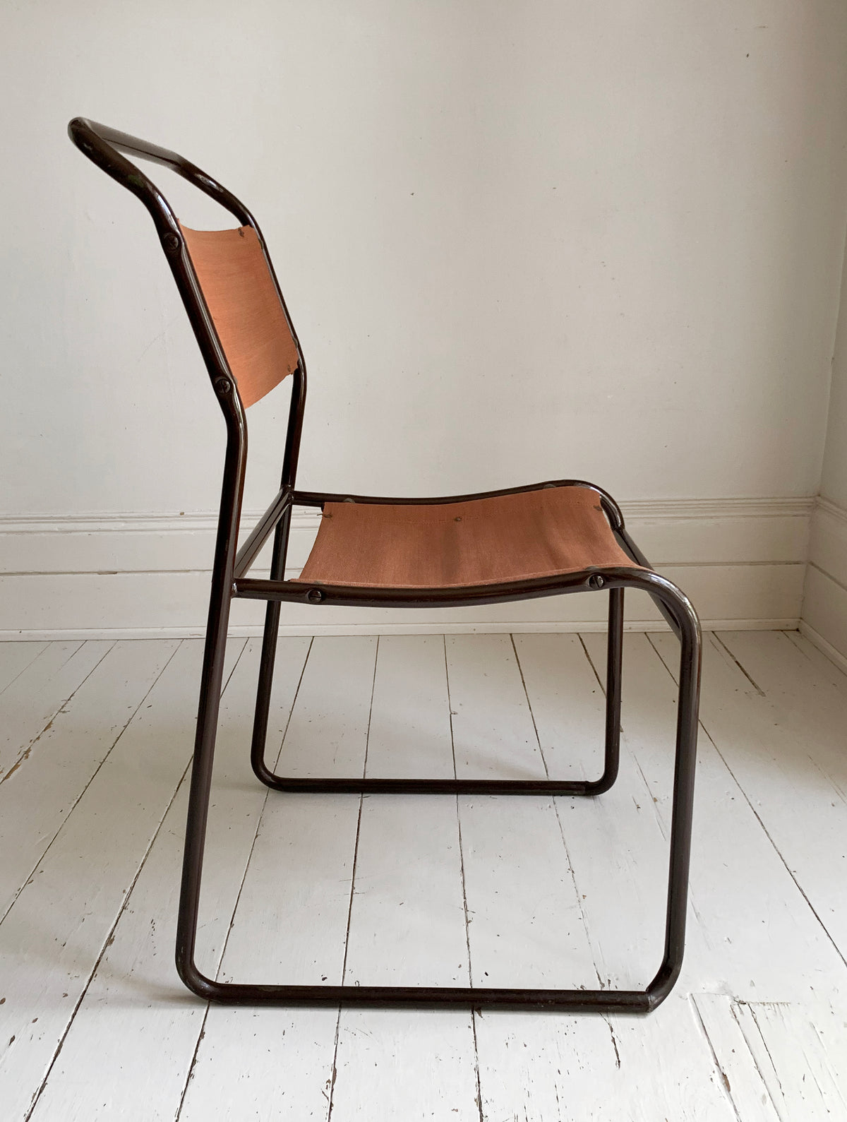 2 x 'Cox' Vintage Stacking Chairs - Canvas Seats, Black Tubular Metal Frame 1of2