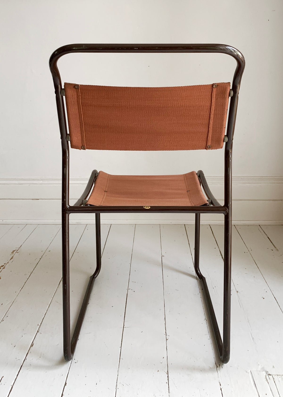 2 x 'Cox' Vintage Stacking Chairs - Canvas Seats, Black Tubular Metal Frame 1of2