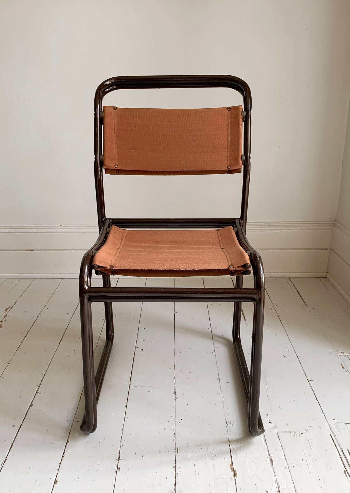 2 x 'Cox' Vintage Stacking Chairs - Canvas Seats, Black Tubular Metal Frame 1of2