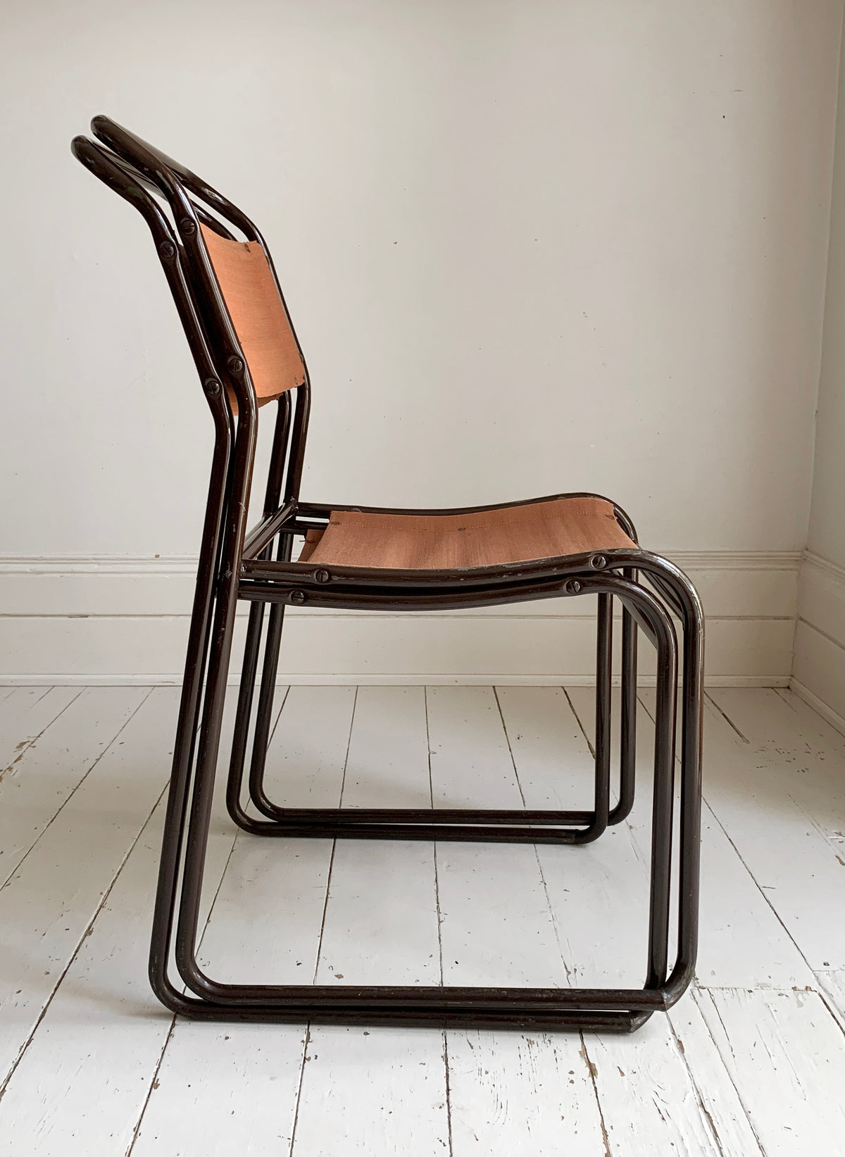 2 x 'Cox' Vintage Stacking Chairs - Canvas Seats, Black Tubular Metal Frame 1of2
