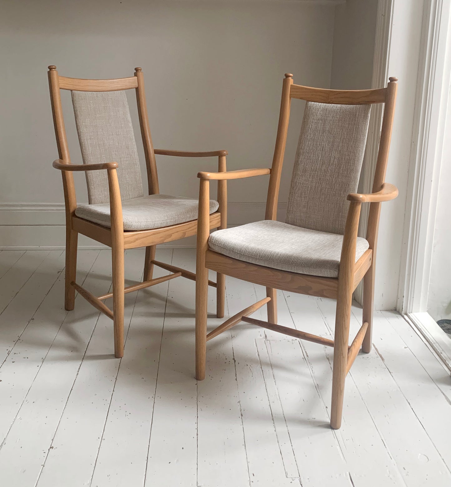 Pair of Ercol - Windsor - Penn Padded Back Dining Arm / Carver Chairs