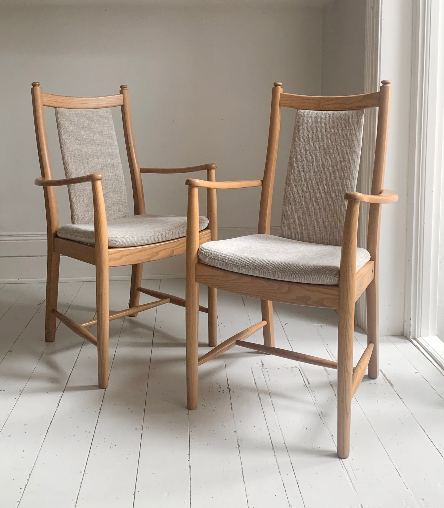 Pair of Ercol - Windsor - Penn Padded Back Dining Arm / Carver Chairs