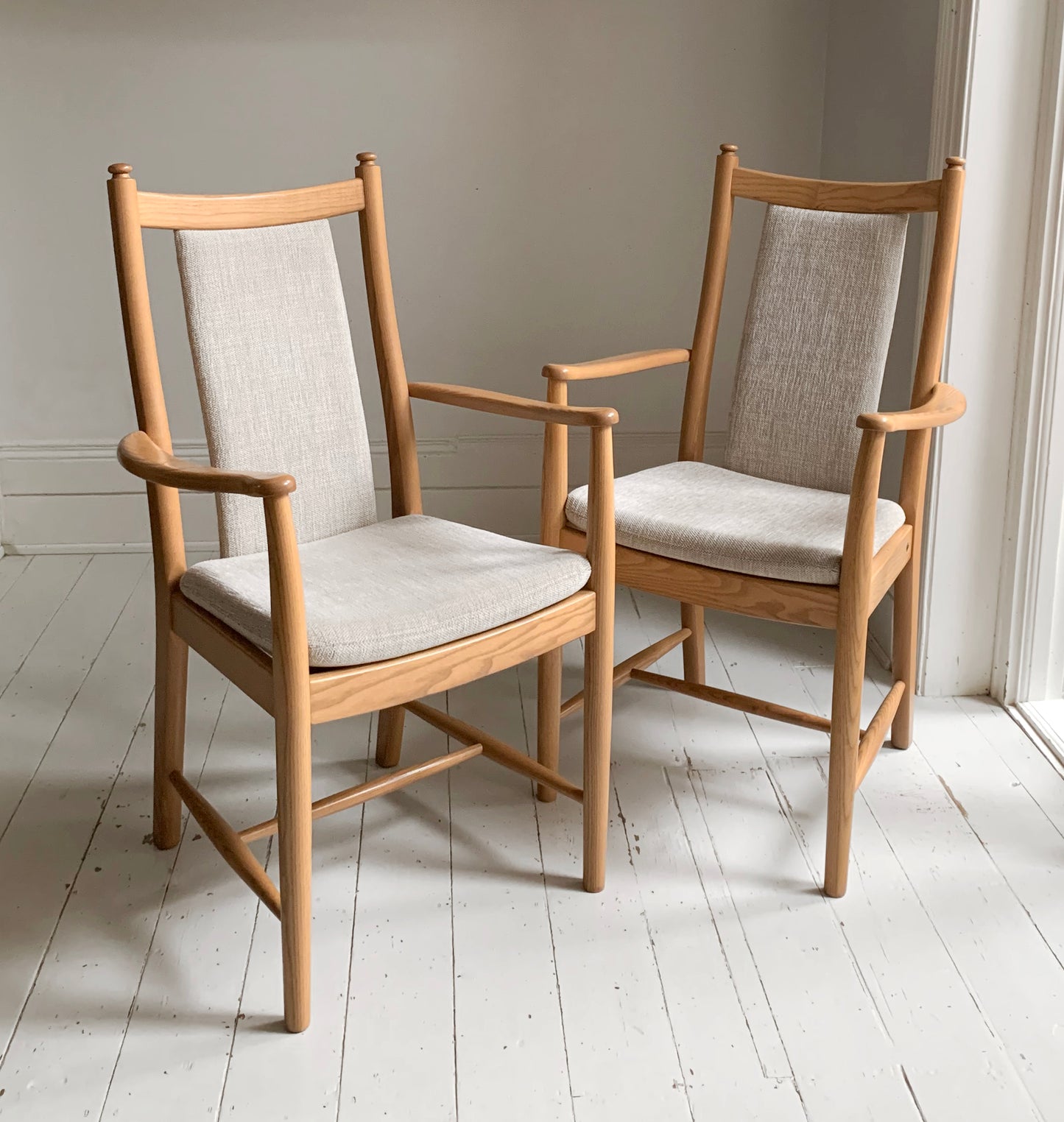 Pair of Ercol - Windsor - Penn Padded Back Dining Arm / Carver Chairs