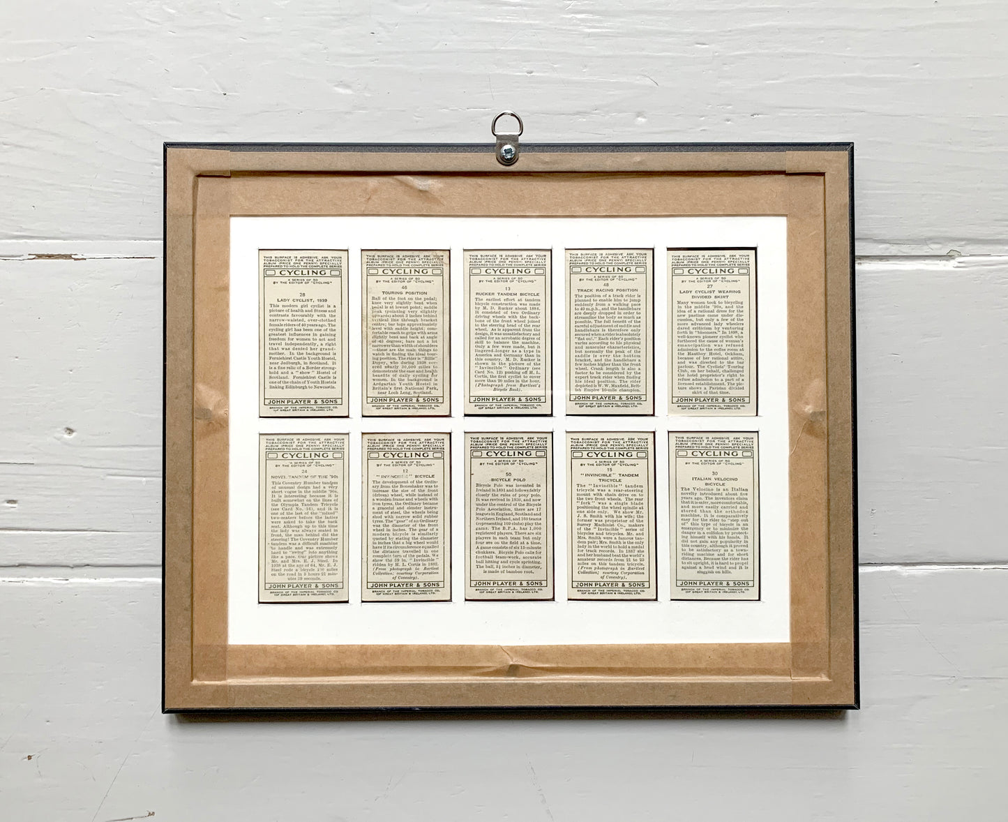 Framed Vintage John Players Cigarette Cards / Cycling / 10 x 8 Frame / Ex' Cond'