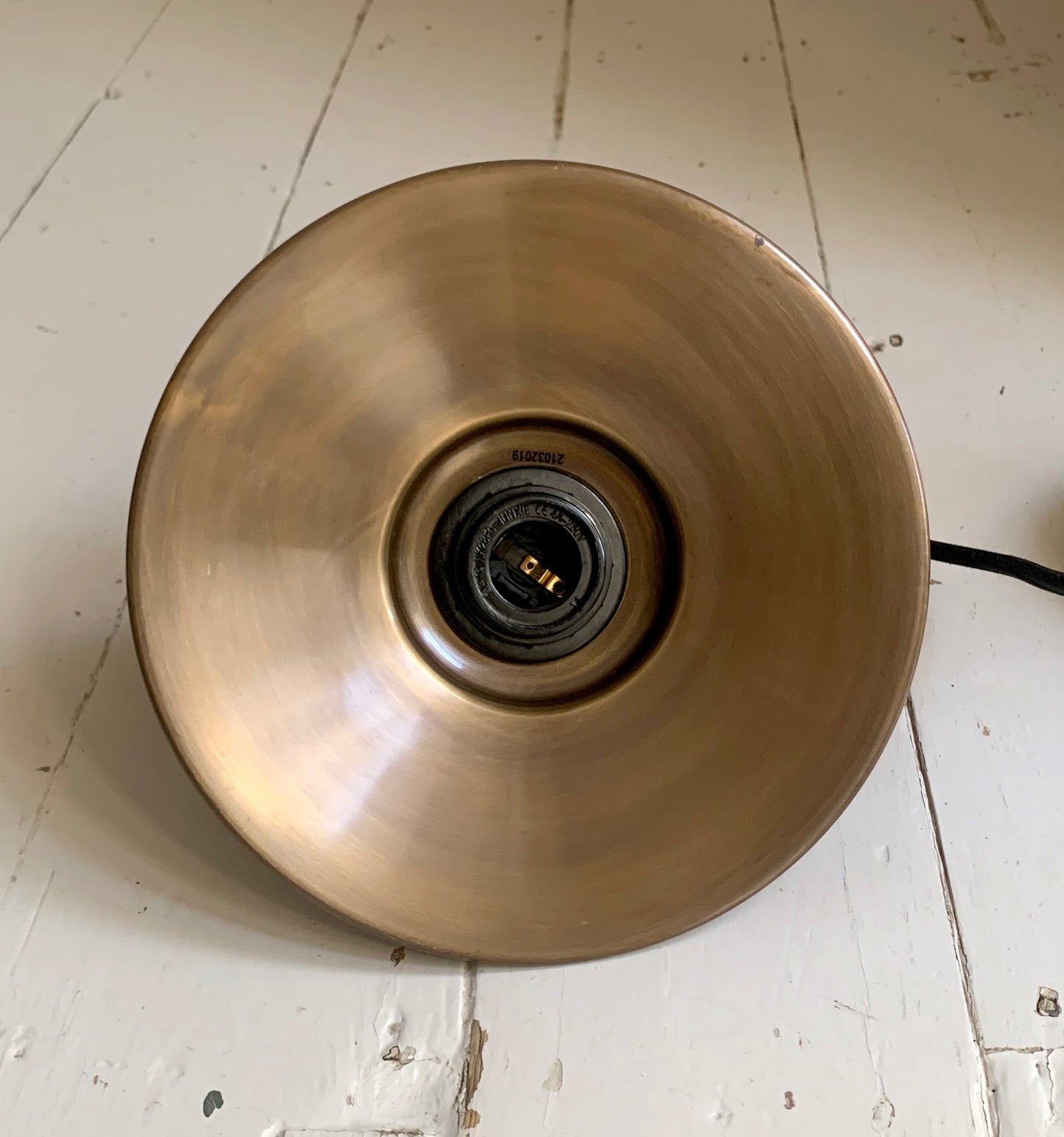 Pair of Industville Brooklyn Flat Pendant Lights, 8 Inch, Brass & Brass Holder