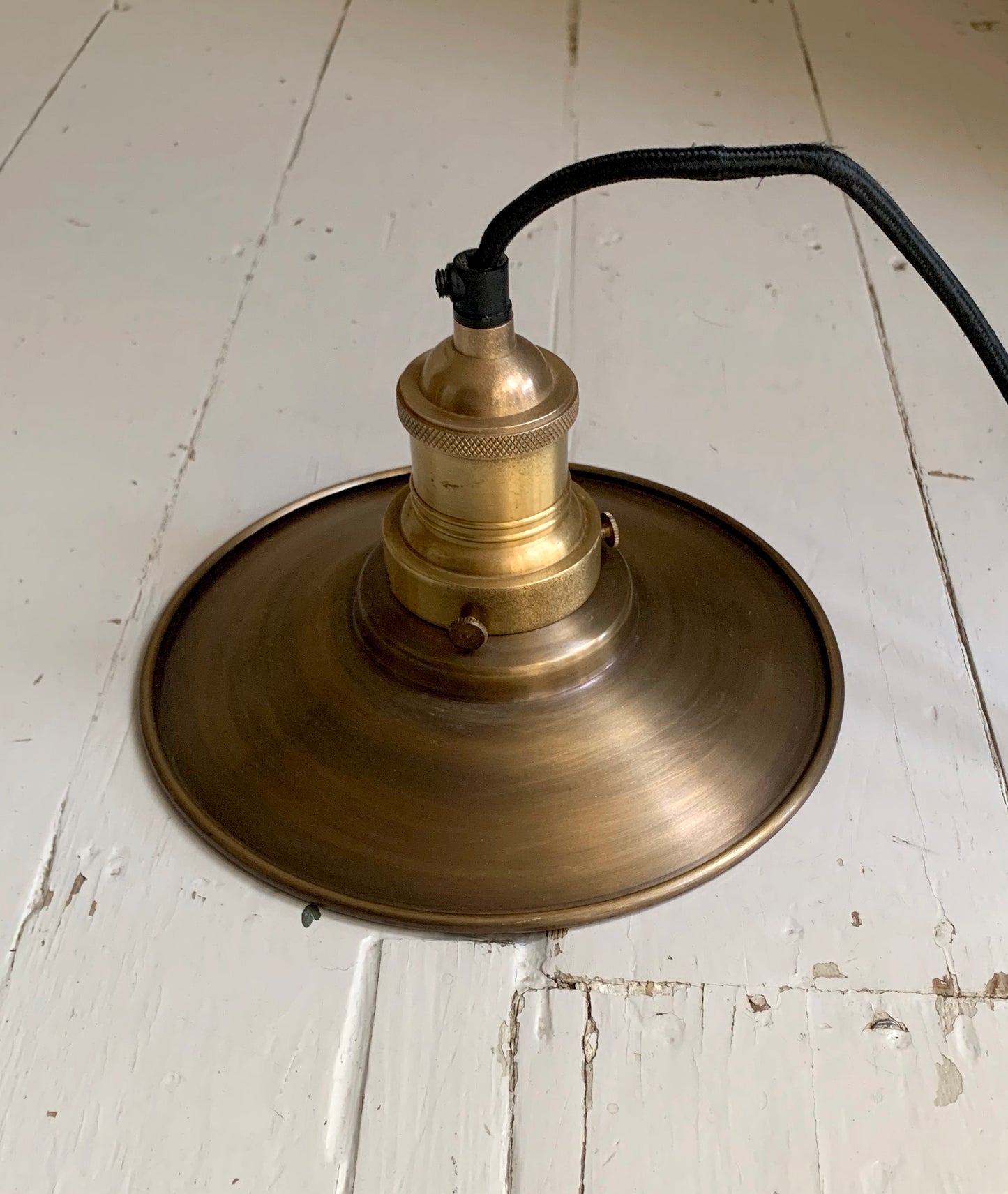 Pair of Industville Brooklyn Flat Pendant Lights, 8 Inch, Brass & Brass Holder