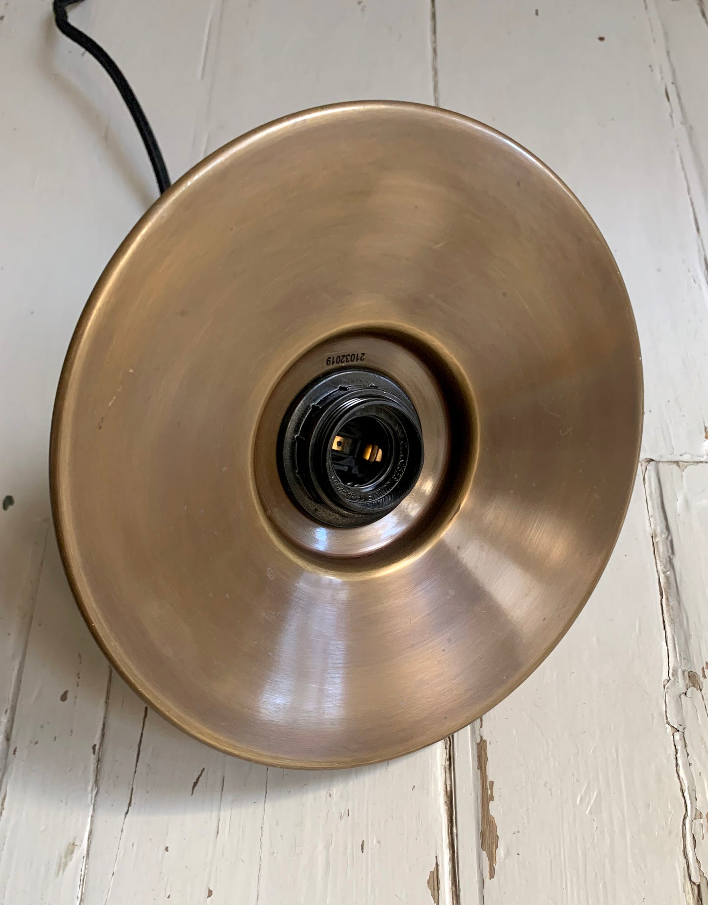 Pair of Industville Brooklyn Flat Pendant Lights, 8 Inch, Brass & Brass Holder