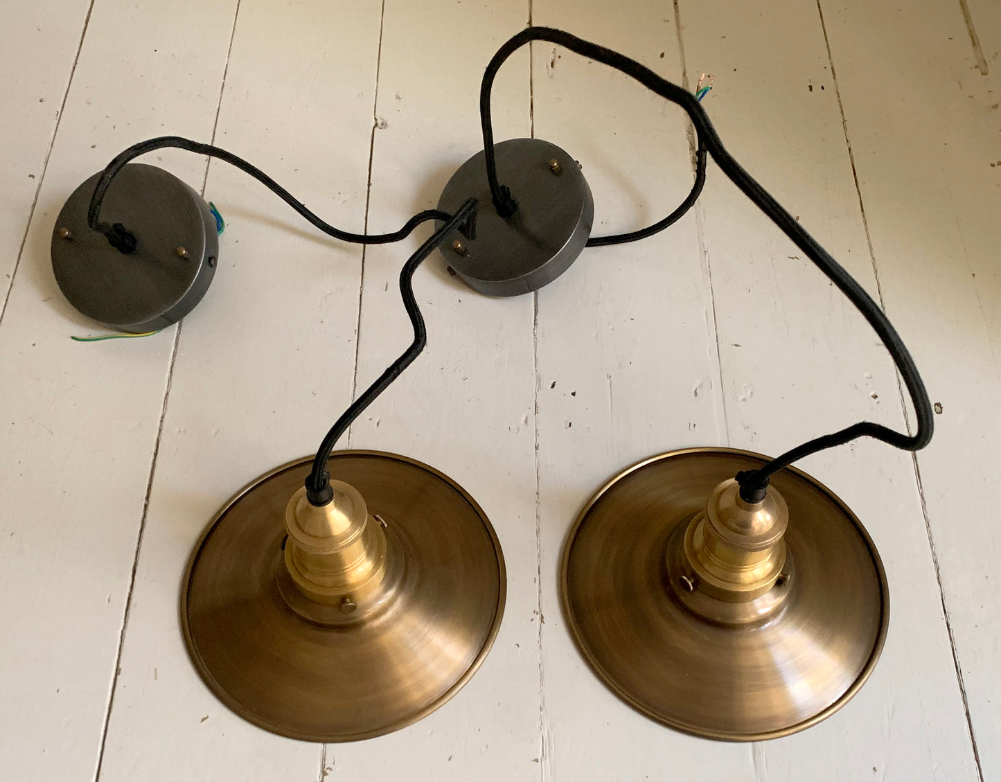 Pair of Industville Brooklyn Flat Pendant Lights, 8 Inch, Brass & Brass Holder