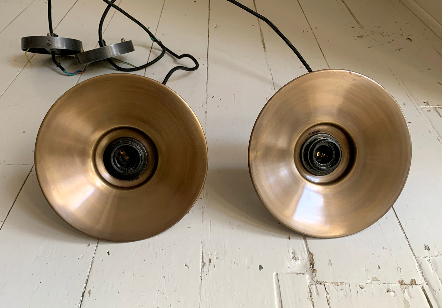 Pair of Industville Brooklyn Flat Pendant Lights, 8 Inch, Brass & Brass Holder