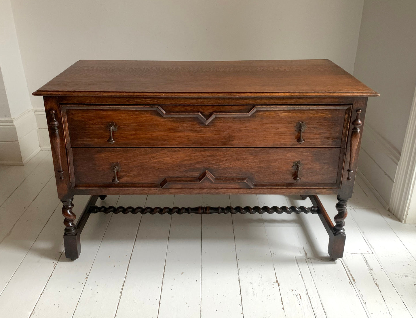 Elegant Edwardian Two Drawer Jacobean Revival Oak Chest of Drawers