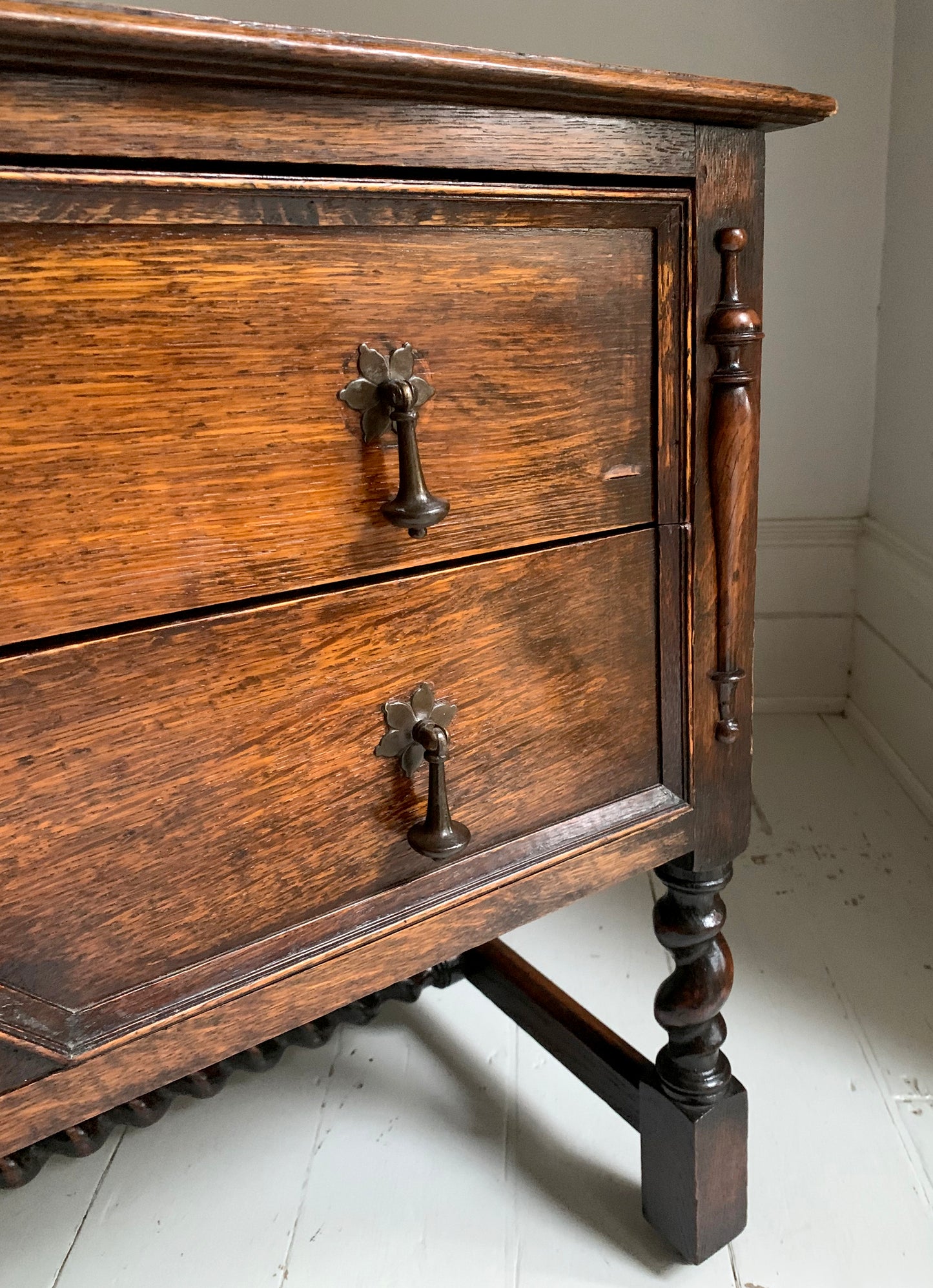 Elegant Edwardian Two Drawer Jacobean Revival Oak Chest of Drawers