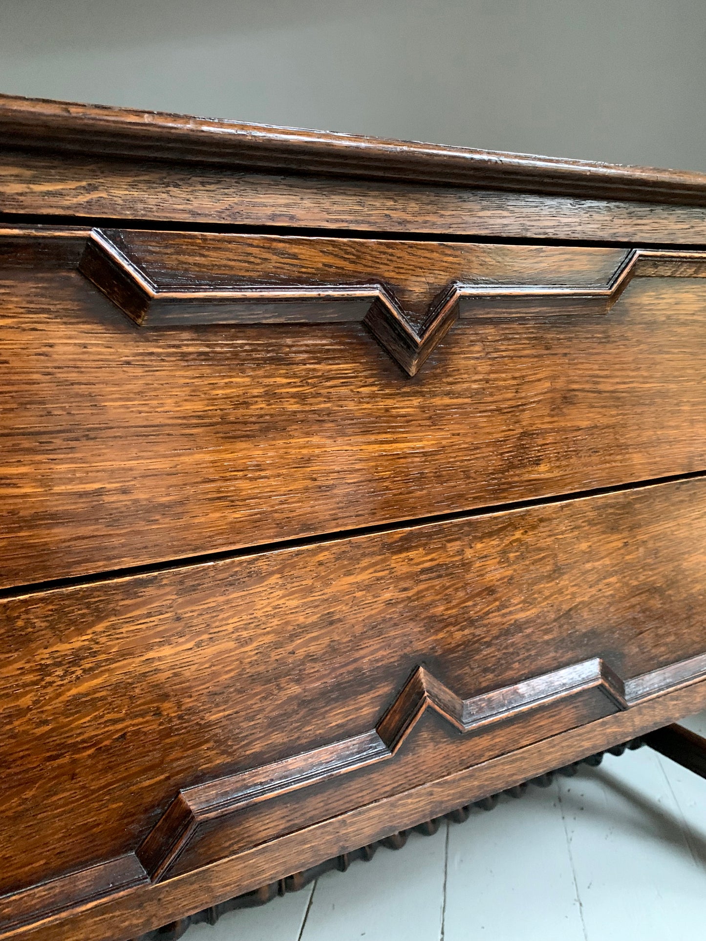 Elegant Edwardian Two Drawer Jacobean Revival Oak Chest of Drawers