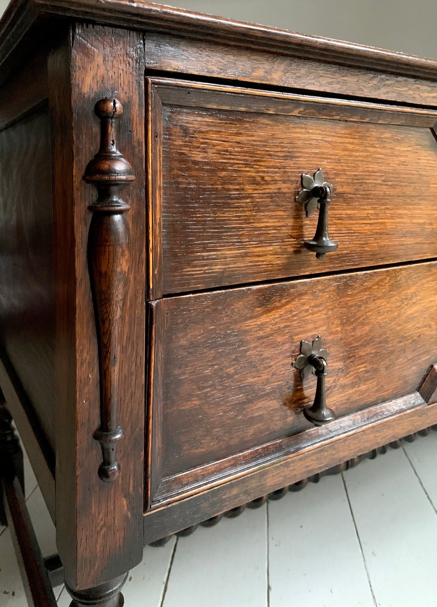 Elegant Edwardian Two Drawer Jacobean Revival Oak Chest of Drawers