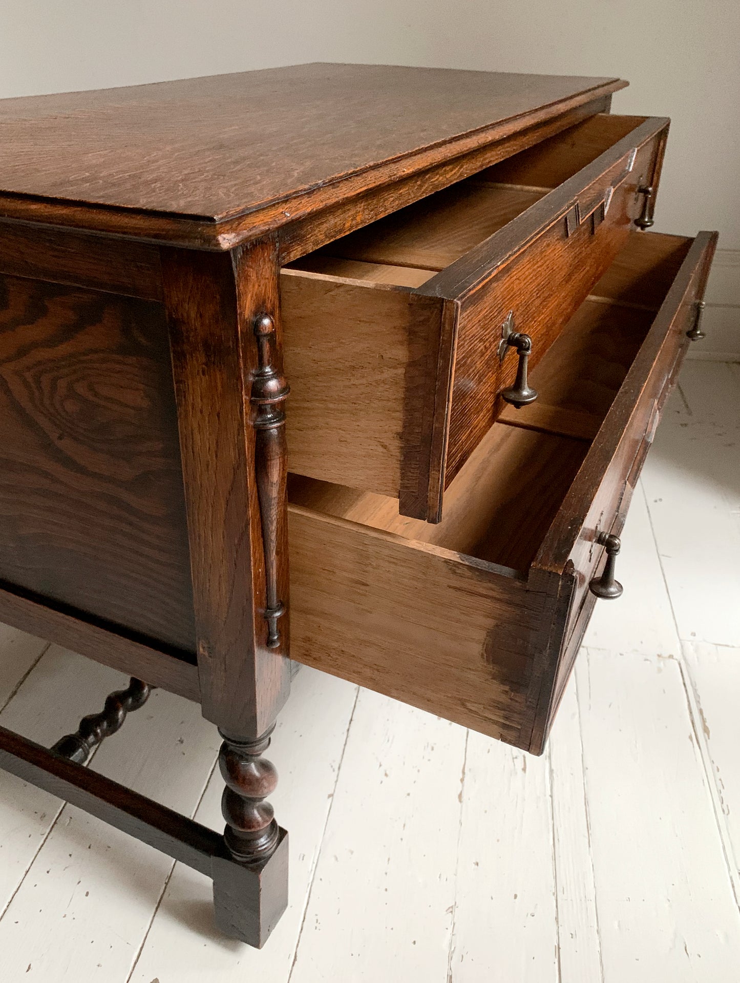 Elegant Edwardian Two Drawer Jacobean Revival Oak Chest of Drawers