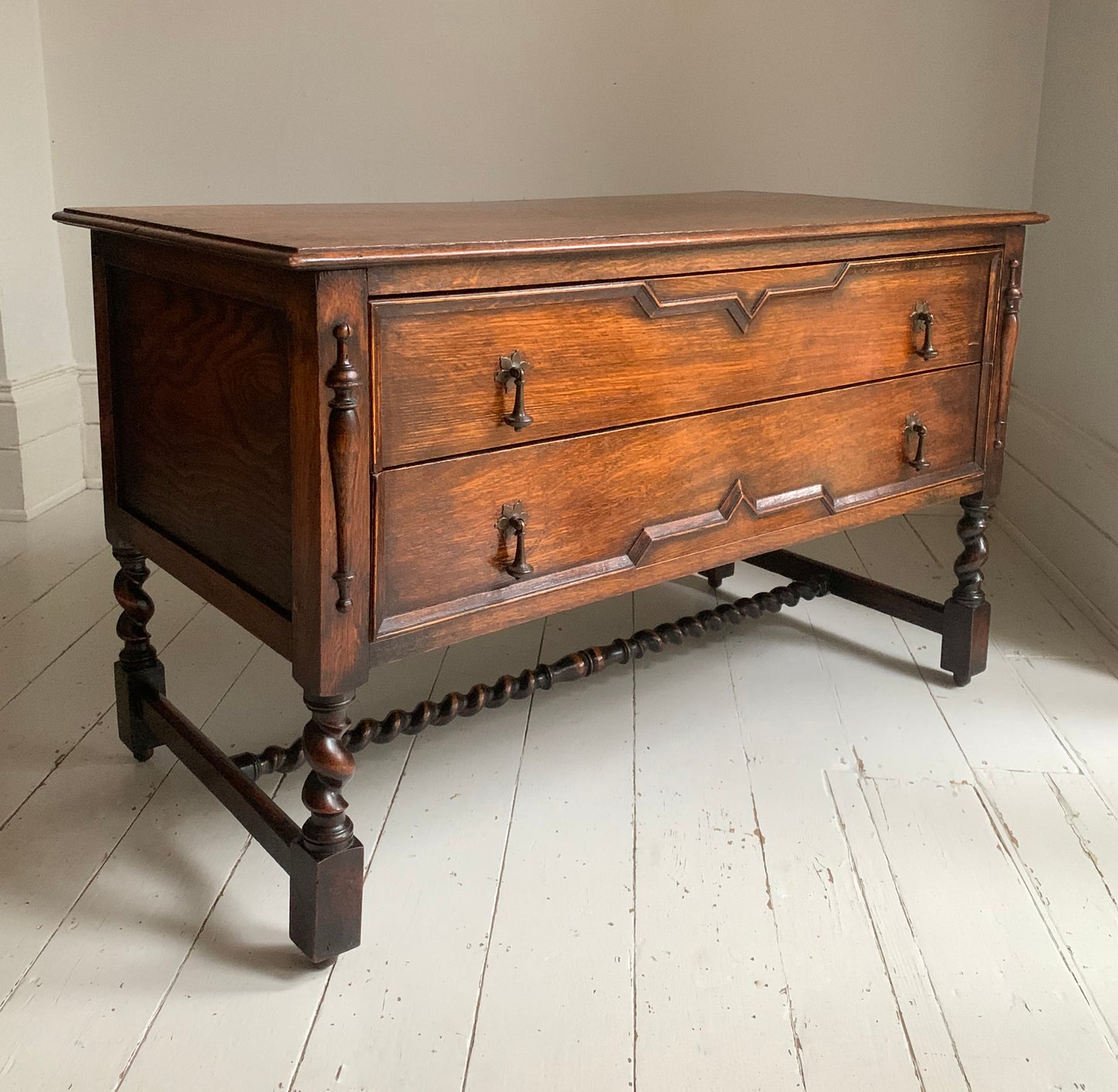 Elegant Edwardian Two Drawer Jacobean Revival Oak Chest of Drawers