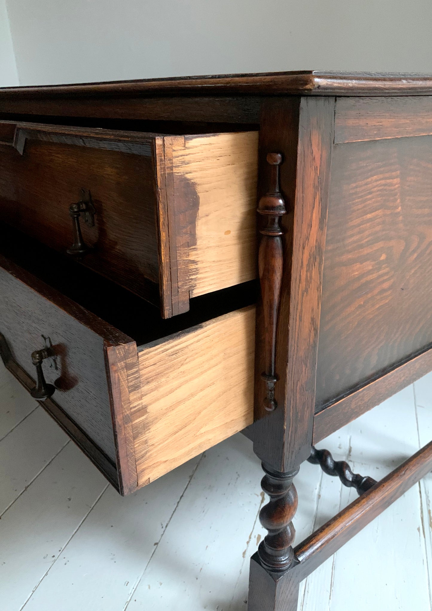 Elegant Edwardian Two Drawer Jacobean Revival Oak Chest of Drawers