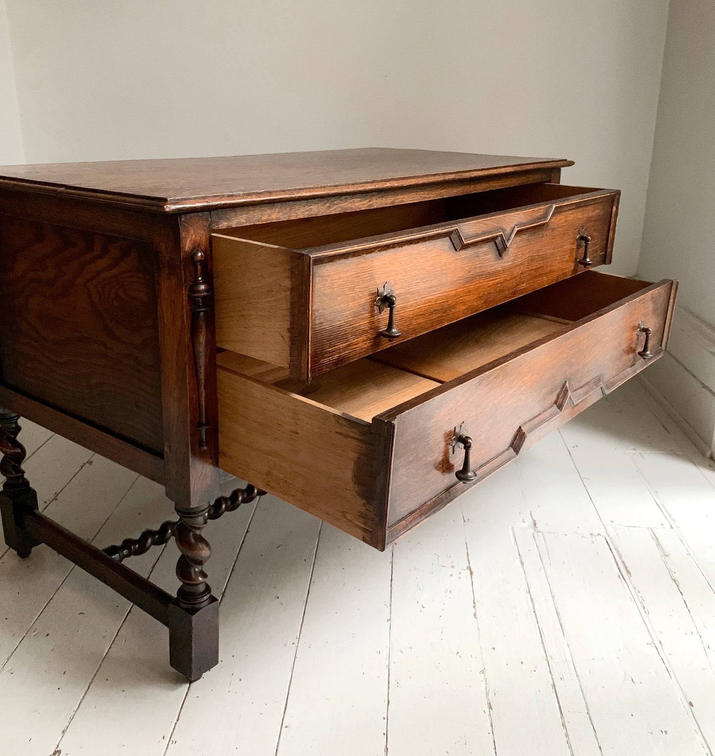 Elegant Edwardian Two Drawer Jacobean Revival Oak Chest of Drawers