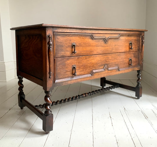 Elegant Edwardian Two Drawer Jacobean Revival Oak Chest of Drawers