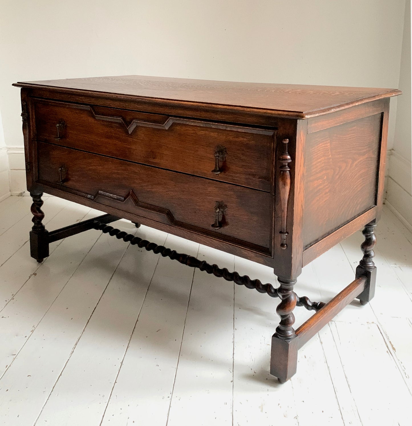 Elegant Edwardian Two Drawer Jacobean Revival Oak Chest of Drawers